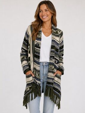 J. Jill Wool Blend Fringe Open Cardigan Sweater Boho Aztec Large
